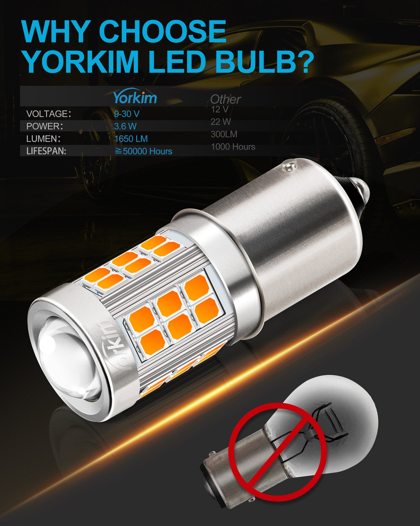 Yorkim 1156 LED Bulb Amber led turn signal bulb 1141 led bulb 1003 led amber lights BA15S P21W 7506 bulb led Replacement for Turn Signal Blinker Lights Side Marker Lights, pack of 2