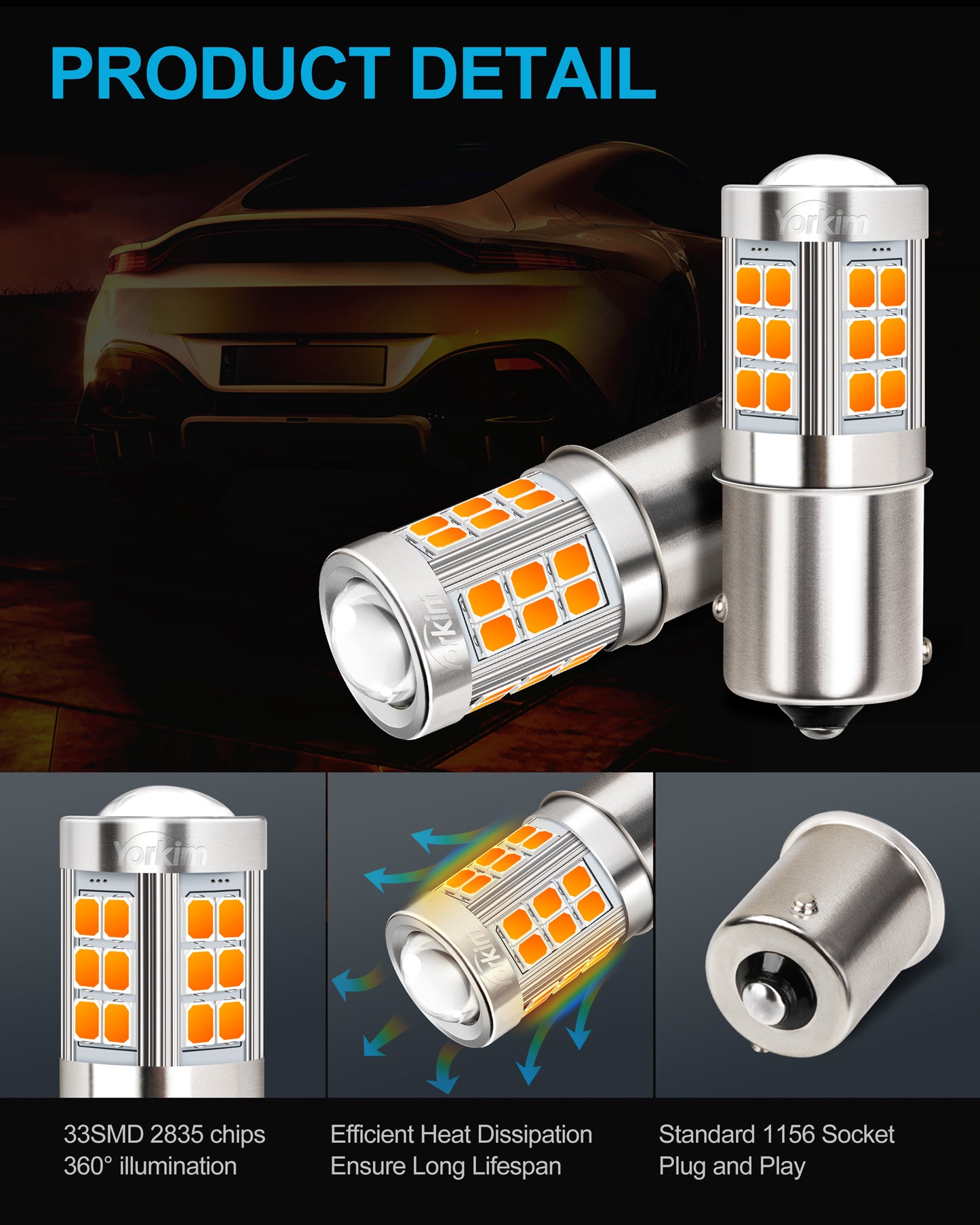 Yorkim 1156 LED Bulb Amber led turn signal bulb 1141 led bulb 1003 led amber lights BA15S P21W 7506 bulb led Replacement for Turn Signal Blinker Lights Side Marker Lights, pack of 2