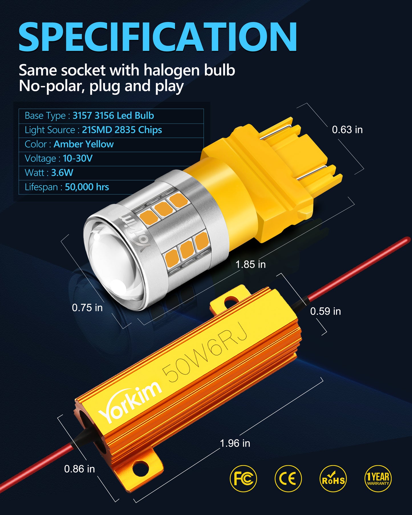 Yorkim 3157 LED Bulb Amber Comes with Load resistors to Solve Hyper Flash or Error Code Issue, 3156 led Bulb Amber 3457 4157 Bulb led Replacement for Turn Signal Blink Lights,Pack of 2