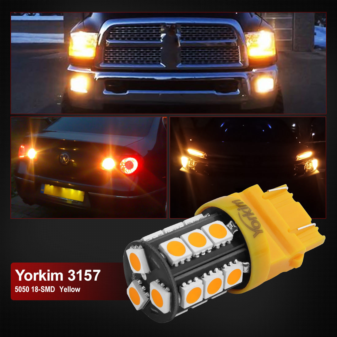 Yorkim 3157 LED Light Bulbs, 3056 3156 3156A 3057 4057 4157 T25 for Brake Lights, Pack of 4 (Amber)