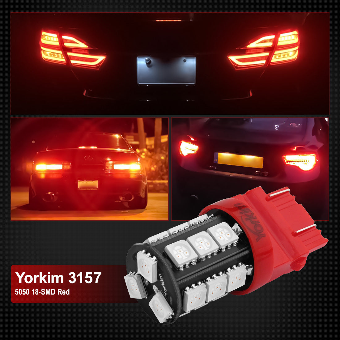 Yorkim 3157 LED Light Bulbs, 3056 3156 3156A 3057 4057 4157 T25 for Reverse Tail Lights, Pack of 4 (Red)