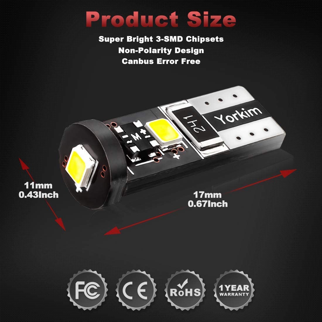 Yorkim 194 Led Bulb Canbus Error Free 3-SMD 2835 Chipsets T10 Led Bulb Trunk lights