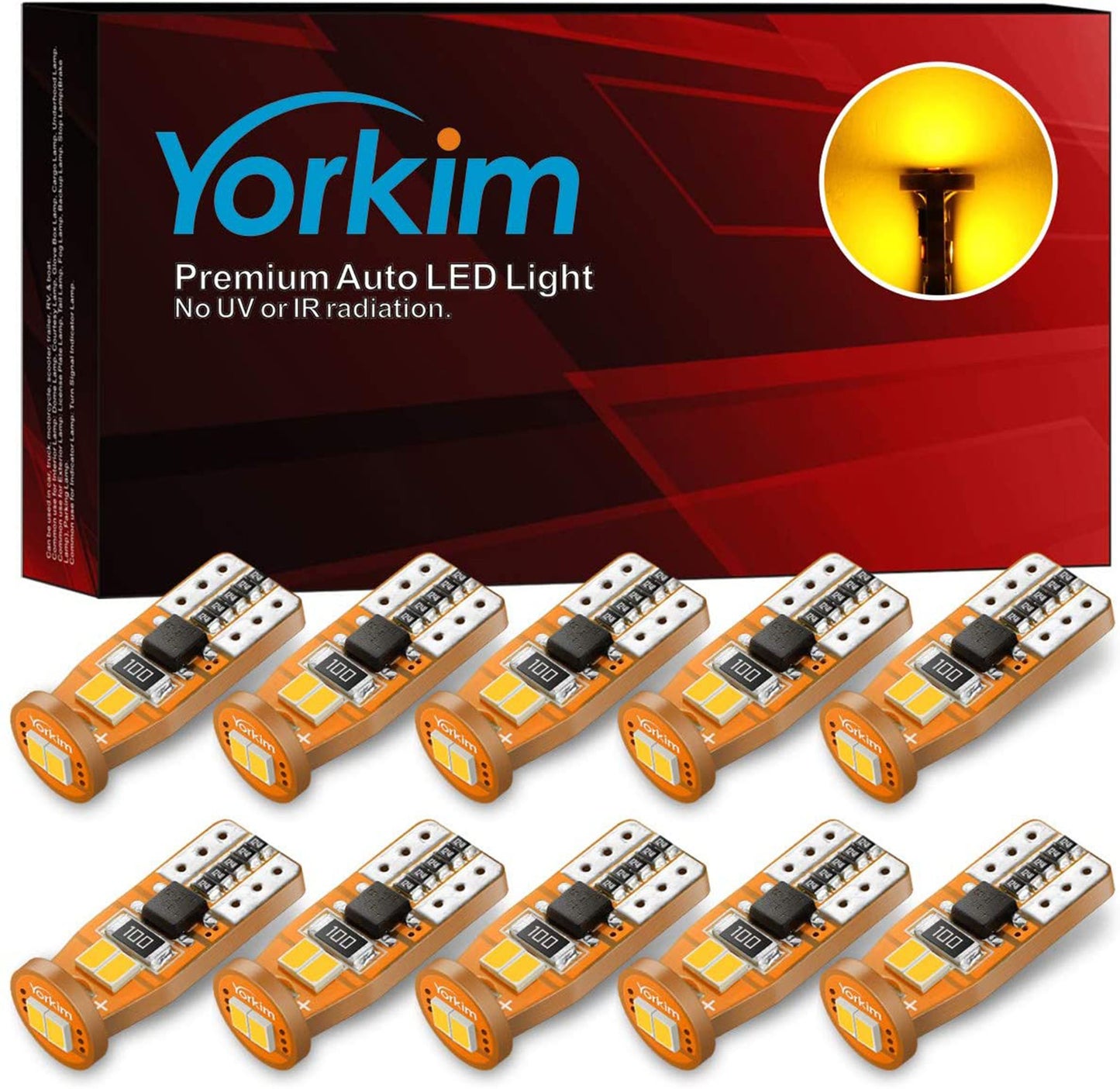 Yorkim T10 LED Bulb Amber, Canbus Error Free, 194 168 W5W 2825 Sockets (6-SMD 3020)