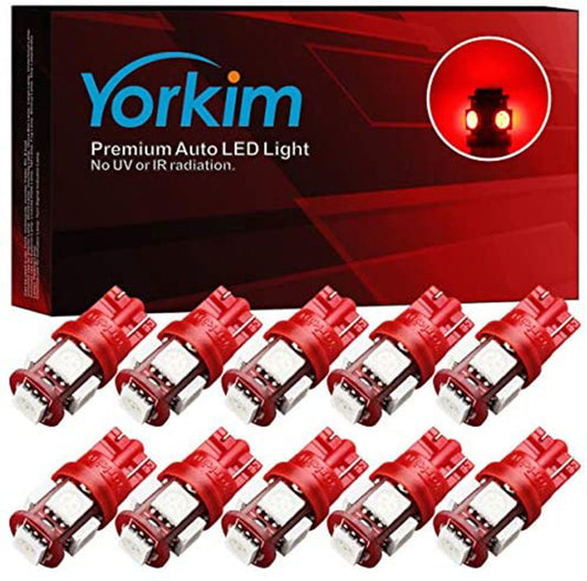 Yorkim 194 Red LED bulb 5th, Interior Lights for W5W 168 2825 T10 (5-smd 5050)