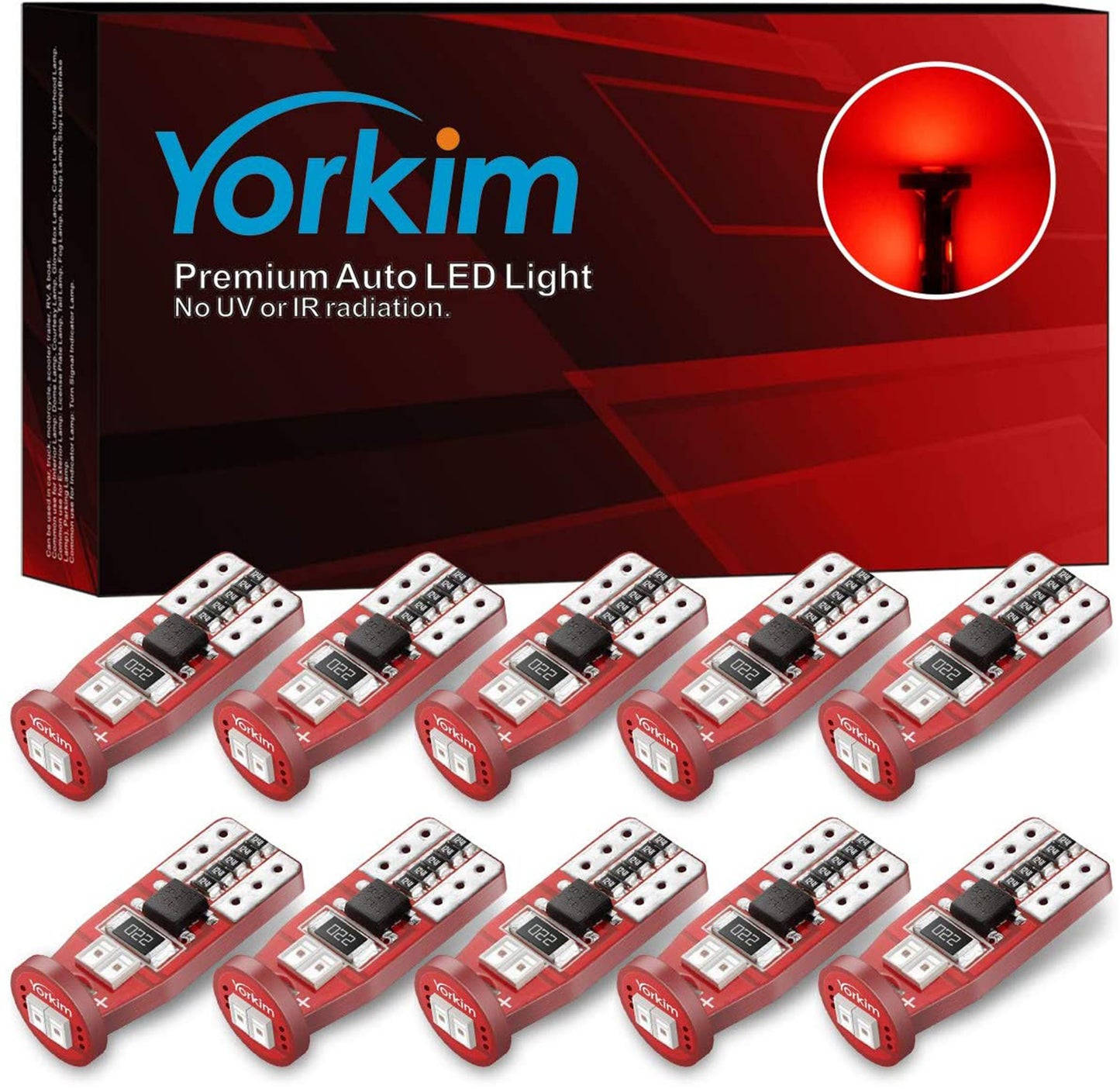 Yorkim T10 LED Bulb Red, Canbus Error Free, 194 168 W5W 2825 Sockets (6-SMD 3020)