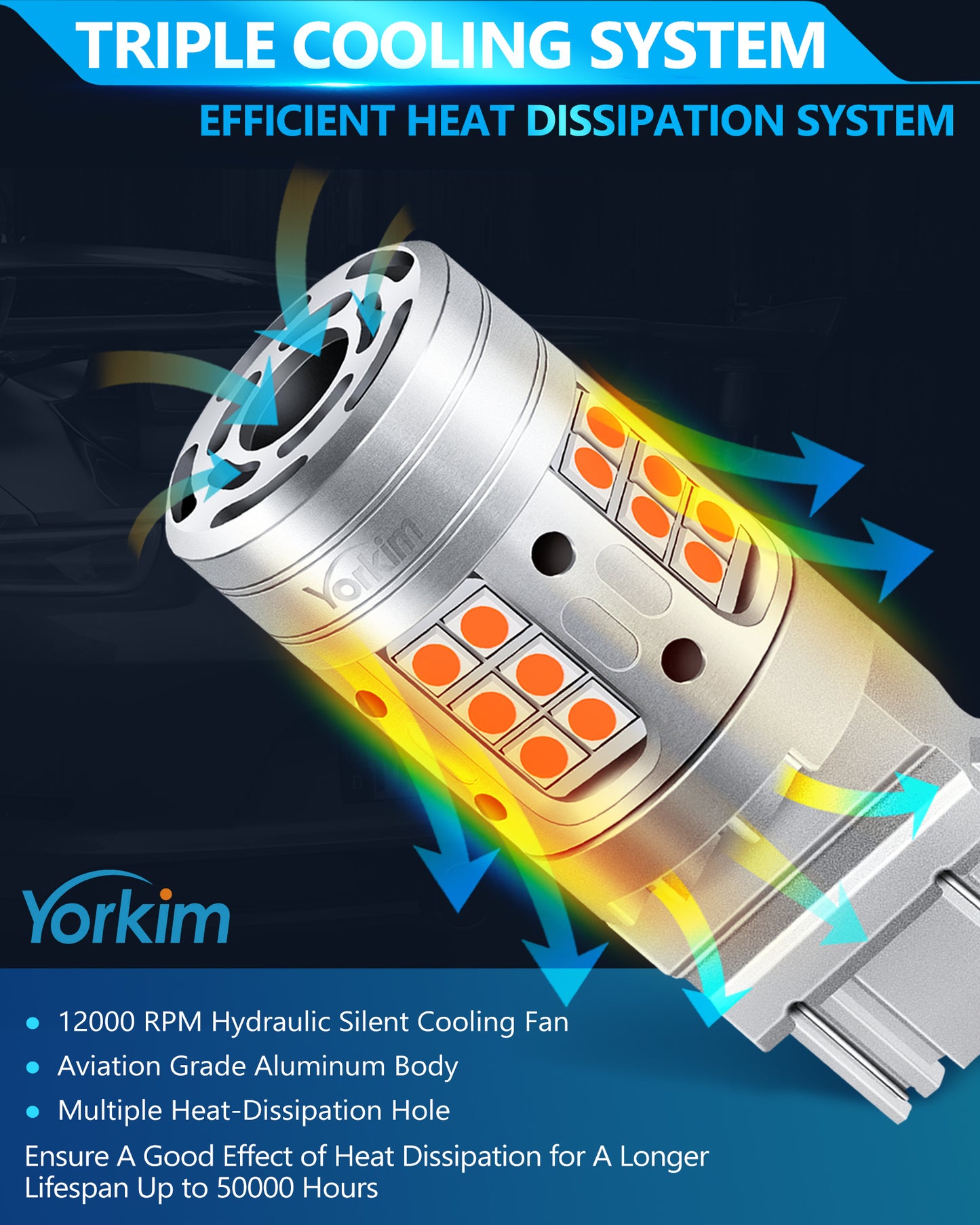 Yorkim 7440 LED Bulb Amber with cooling fan, 7443 led bulb amber turn signal with built in resistor, Pack of 2