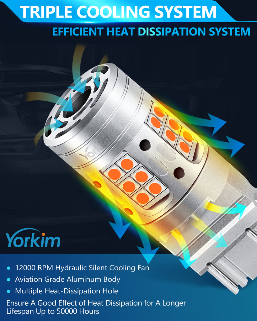 Yorkim 7440 LED Bulb Amber with cooling fan, 7443 led bulb amber 7444