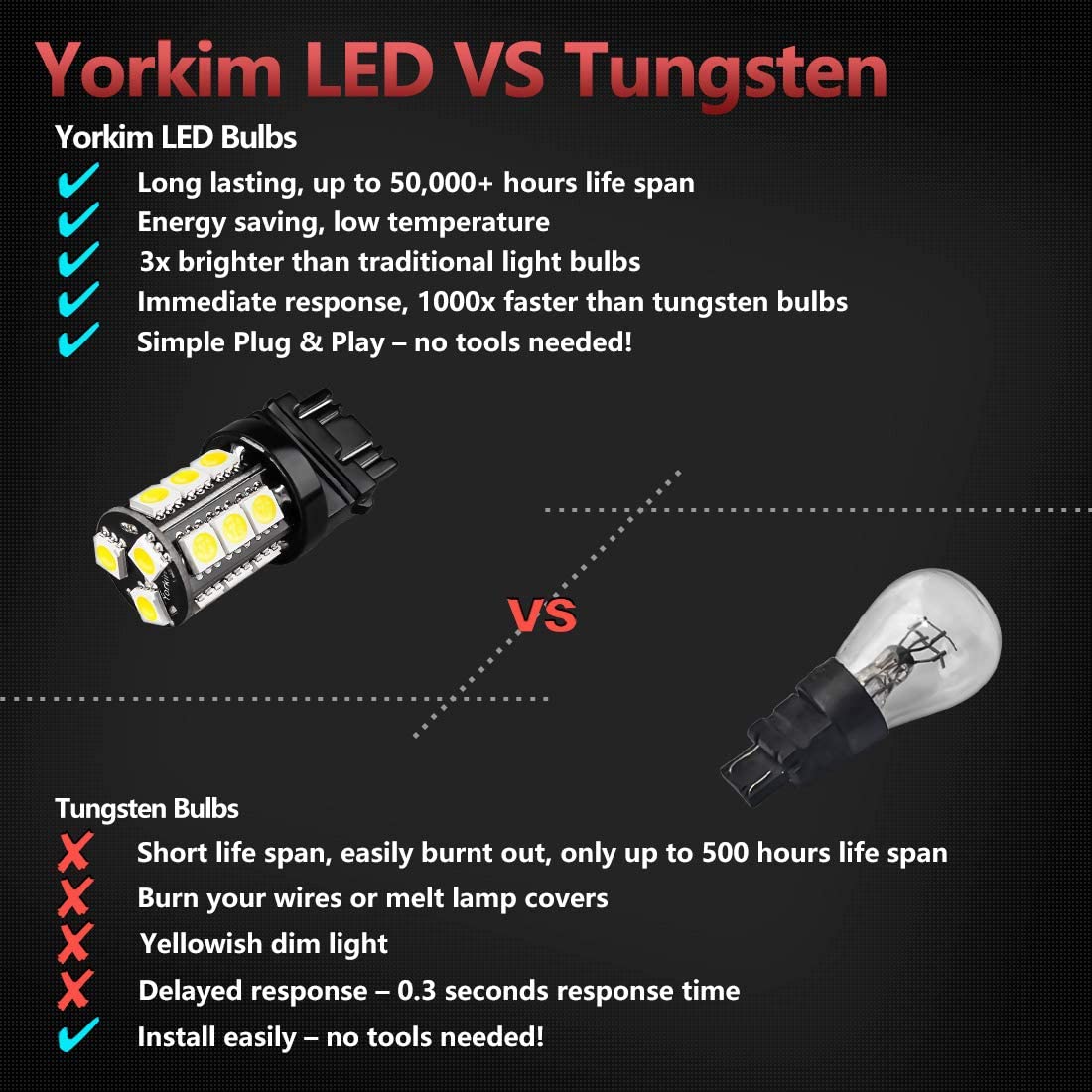 Yorkim 3157 LED Light Bulbs White Super Bright, 3056 3156 3156A 3057 4057 3157 4157 T25 LED Bulbs for Brake Lights, Backup Reverse Lights， Reverse Tail Lights