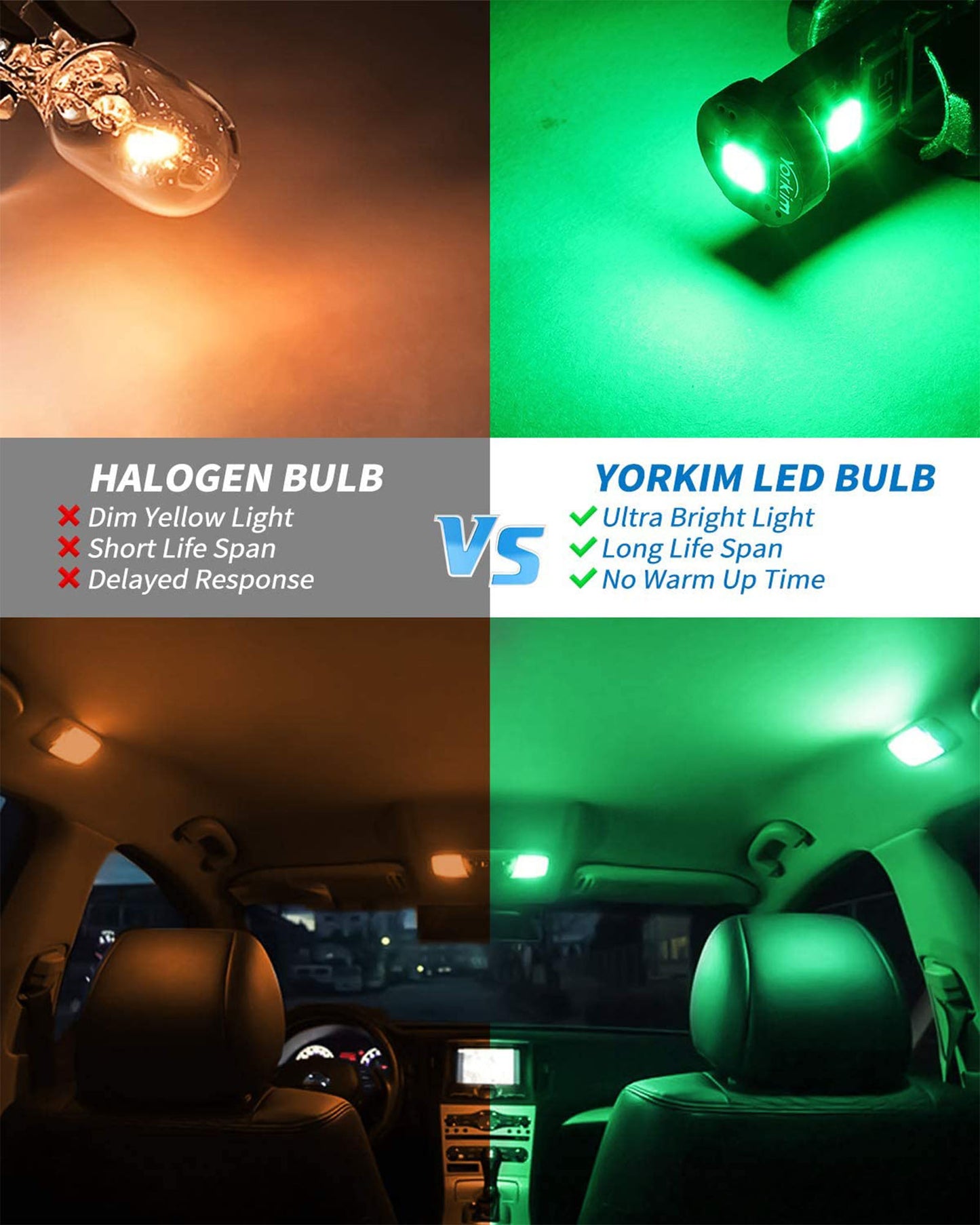 Yorkim 194 Led Bulb Green Canbus Error Free T10 168 W5W 2825 Sockets (3-SMD 2835)