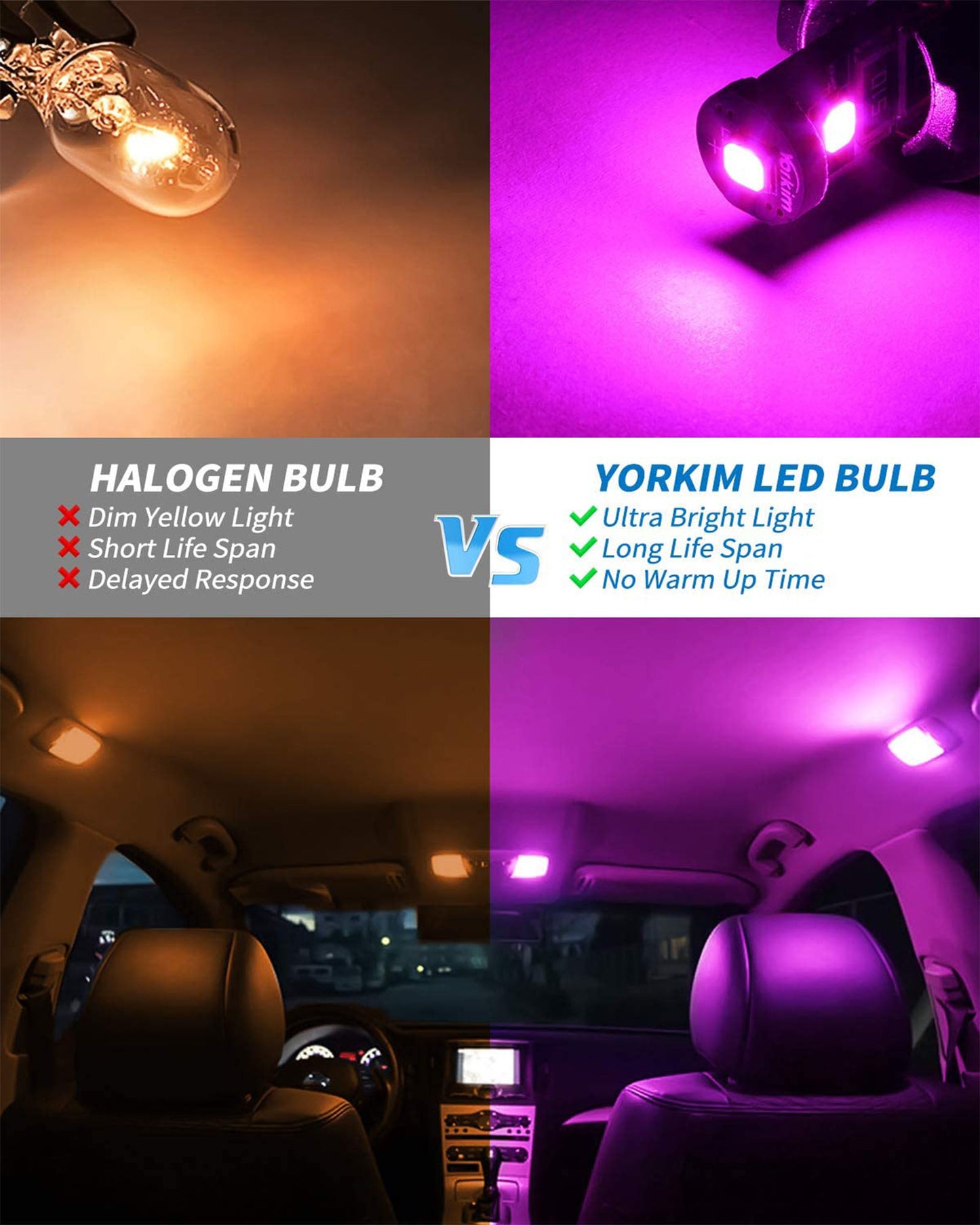 Yorkim 194 Led Bulb Pink/Purple Canbus Error Free T10 168 W5W 2825 Sockets (3-SMD 2835)