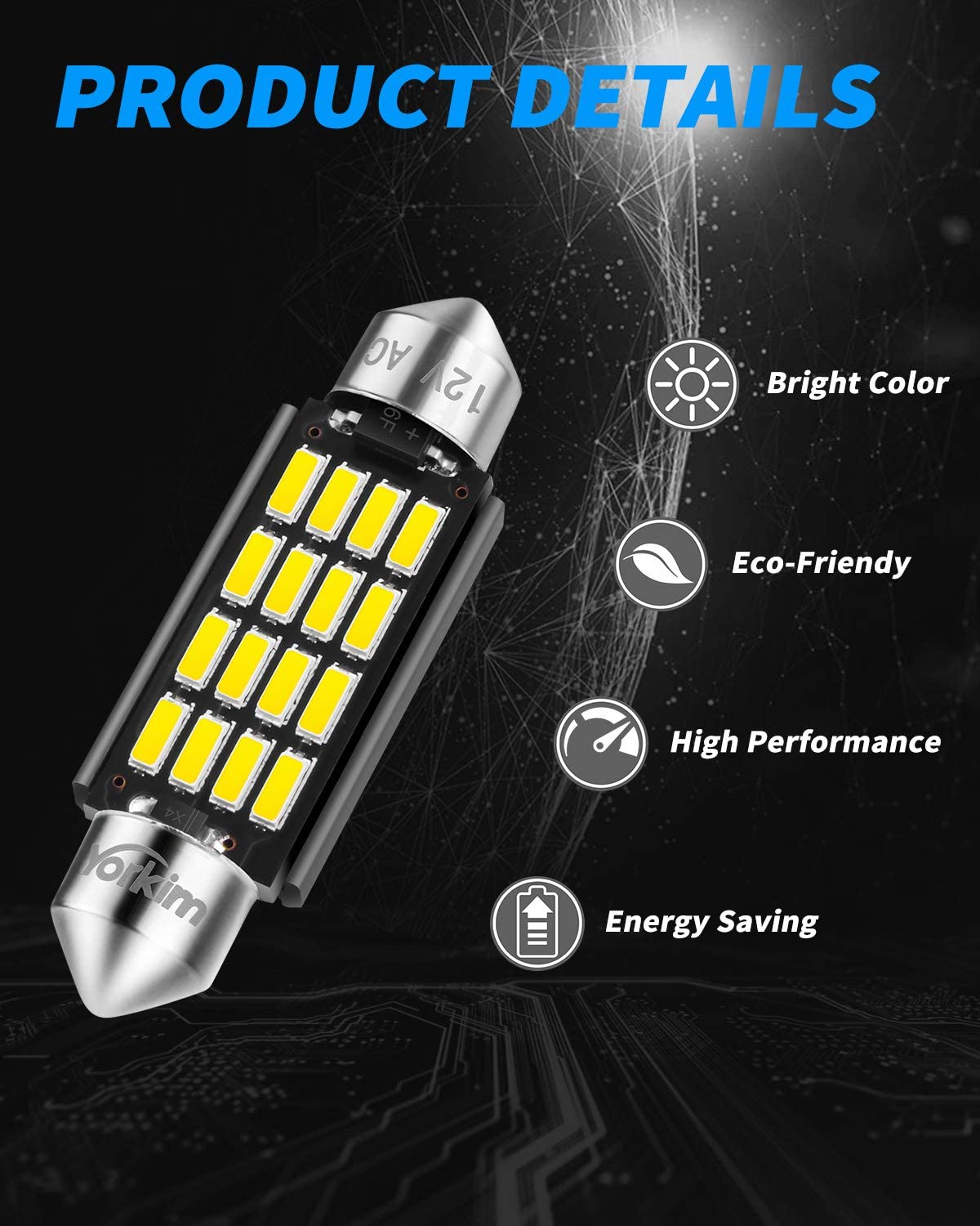 Yorkim 578 Festoon LED Bulb 41mm 42mm LED Bulb White Super Bright Canbus Error Free 16-SMD 4014 Chipset, 212-2 Dome Light Led, LED Interior Light MAP Light 211-2 LED Bulb