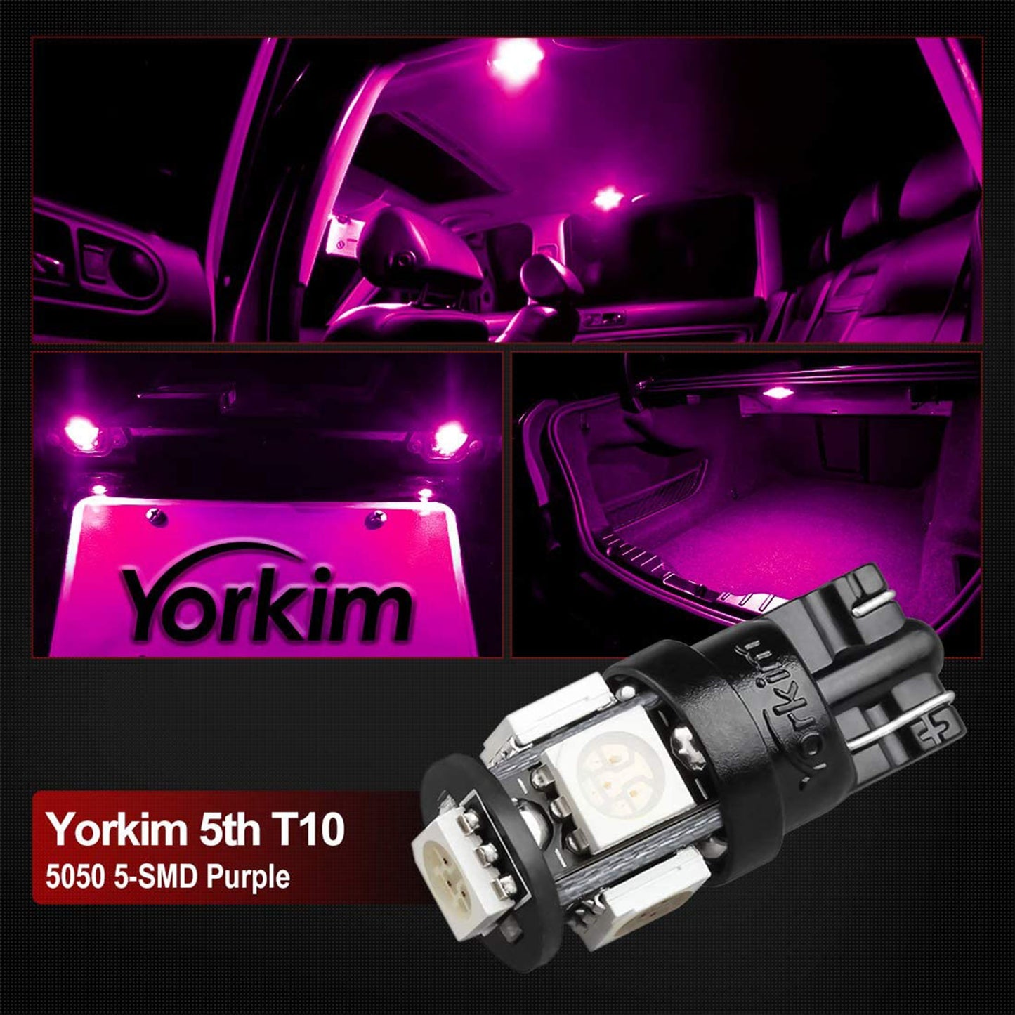 Yorkim 194 Pink/Purple LED bulb 5th, Interior Lights for W5W 168 2825 T10 (5-smd 5050)