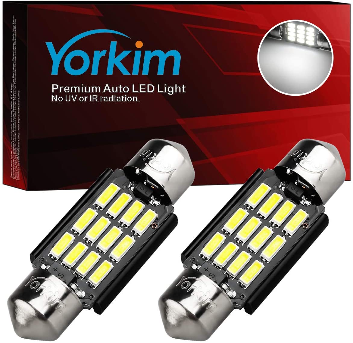 Yorkim 6418 LED Bulb, 36mm LED Bulb 6500K White Super Bright Interior Lights 12-SMD 4014 Chipsets, C5W LED Bulb, Festoon LED 36mm 37mm 38mm LED, DE3021 Bulb C5W LED Bulb White