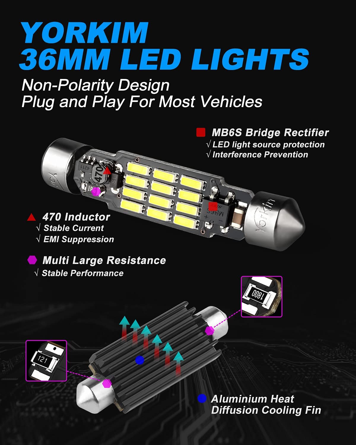 Yorkim 6418 LED Bulb, 36mm LED Bulb 6500K White Super Bright Interior Lights 12-SMD 4014 Chipsets, C5W LED Bulb, Festoon LED 36mm 37mm 38mm LED, DE3021 Bulb C5W LED Bulb White