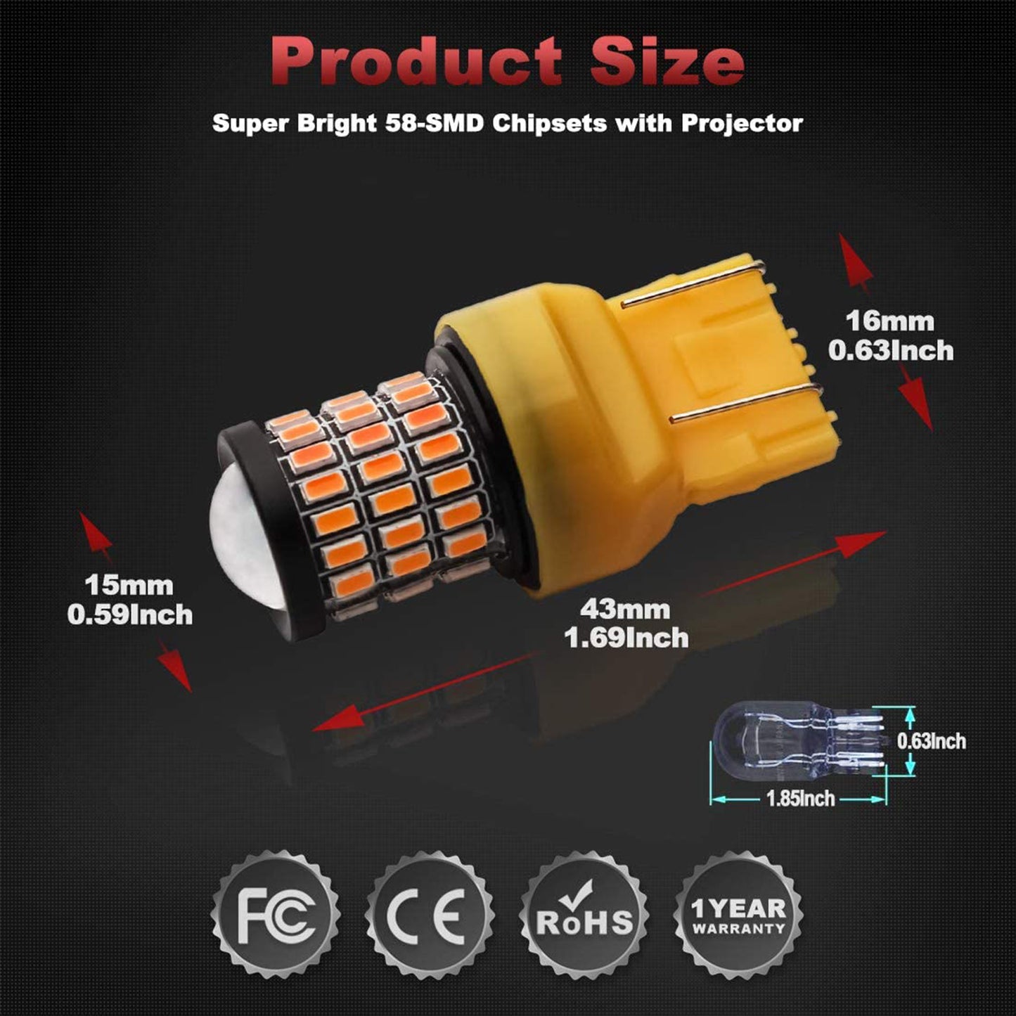 Yorkim 7440 Led Bulb T20 7441 7443 7444 W21W for Backup Reverse, Break, Tail, Turn Signal Light , Pack of 2 (Amber)