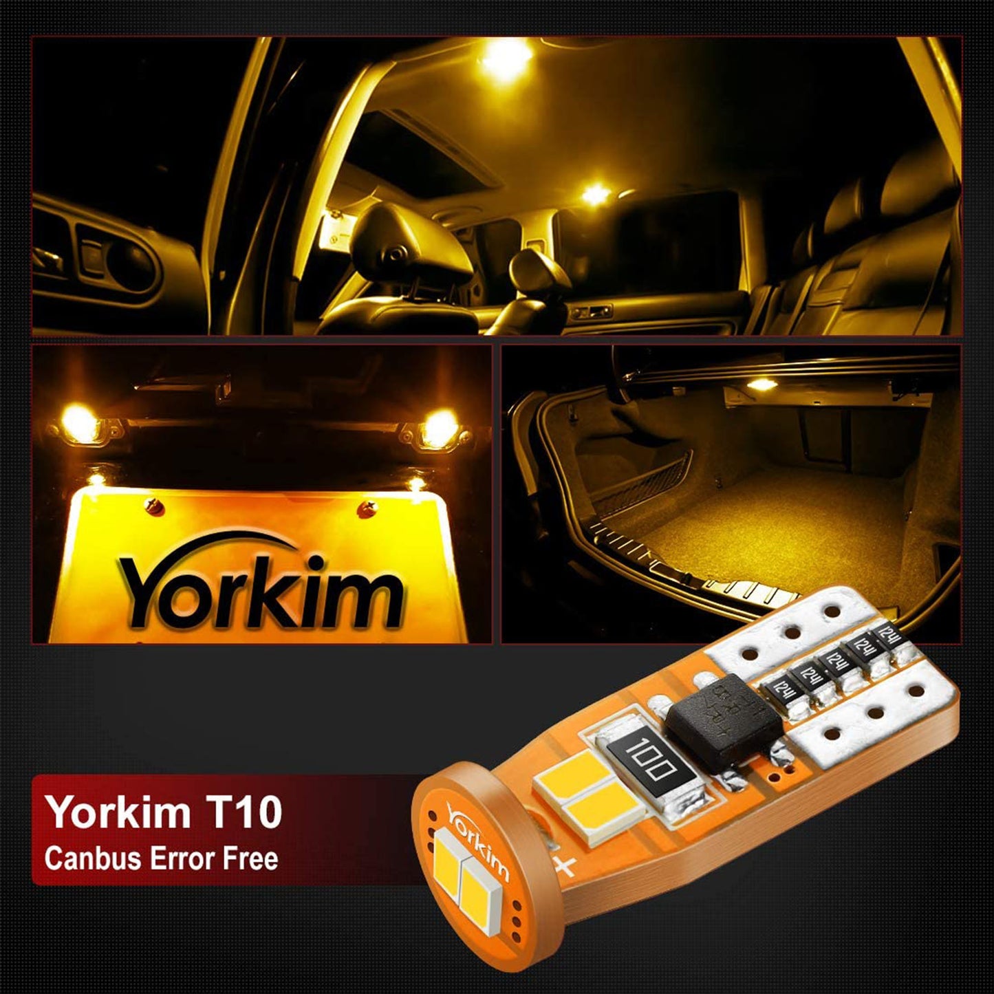 Yorkim T10 LED Bulb Amber, Canbus Error Free, 194 168 W5W 2825 Sockets (6-SMD 3020)