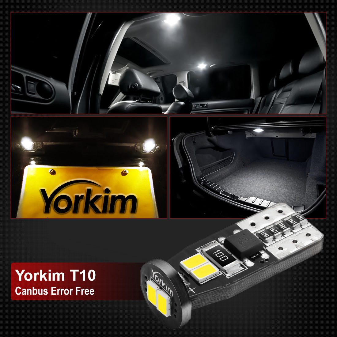 Yorkim Newest T10 LED Bulb Canbus Error Free 6-SMD Super Bright EMC Chipsets, 194 LED For Dome Map Door Marker License Plate Trunk lights 168 W5W 2825 Sockets Pack of 10, White