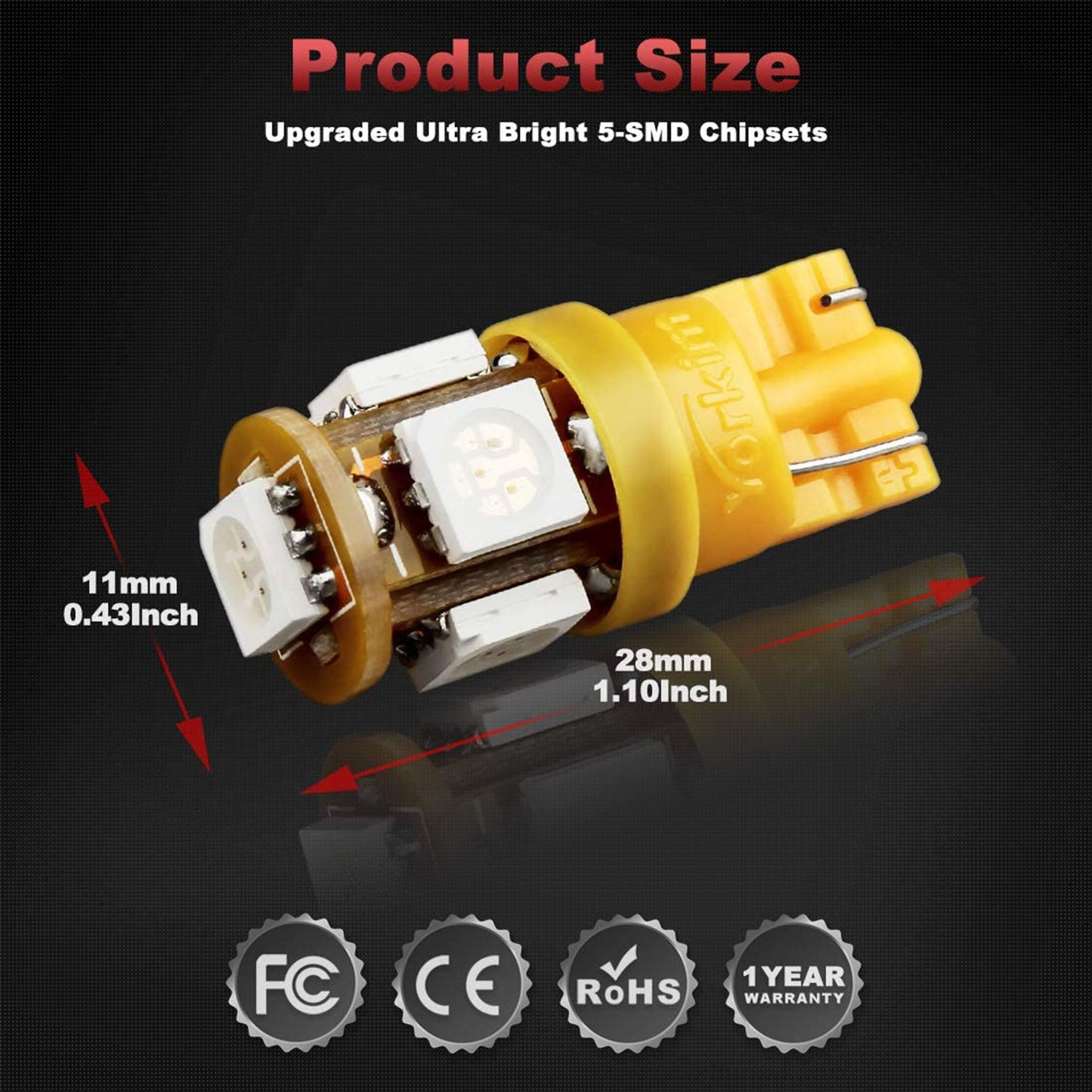 Yorkim 194 Amber LED bulb 5th, Interior Lights for W5W 168 2825 T10 (5-smd 5050)