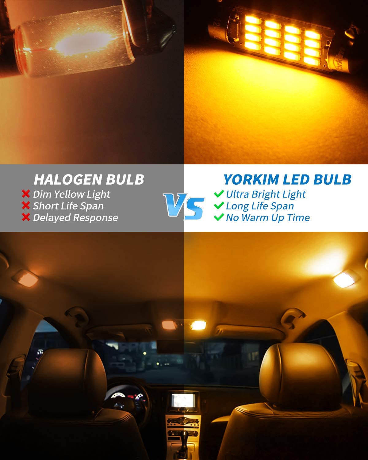 Yorkim 42mm Festoon LED Bulb 578 41mm LED Bulb Canbus Error Free, 212-2  211-2 LED Bulb, Pack of 4 (Amber)