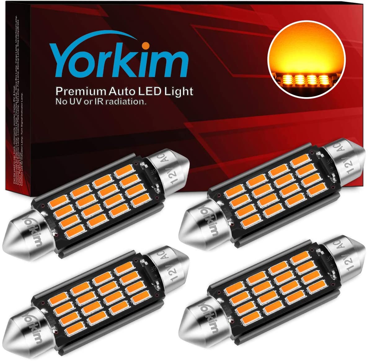 Yorkim 42mm Festoon LED Bulb 578 41mm LED Bulb Canbus Error Free, 212-2  211-2 LED Bulb, Pack of 4 (Amber)