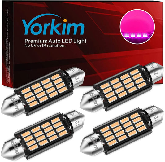 Yorkim Super Bright 578 Festoon LED Bulb Pink 41mm 42mm LED Bulb Canbus Error Free 16-SMD 4014 Chipset, 212-2 Dome Light Led MAP Light, Pack of 4