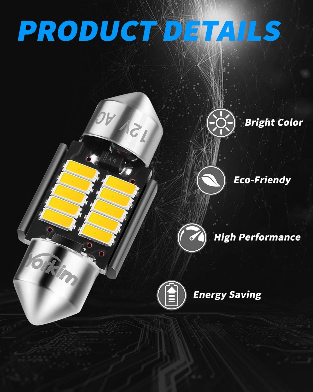 Yorkim DE3022 LED Bulb 31mm Festoon LED Bulb White Super Bright CANBUS 10-SMD 4014 Chipsets, 3175 LED Bulb, DE3175 LED Bulb, 3022 LED for Car Interior Dome map Lights