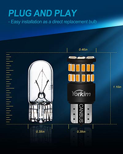 Yorkim 194 LED Bulb Amber, Error Free T10 168 192 2825 W5W LED Bulbs (36-SMD 3014)