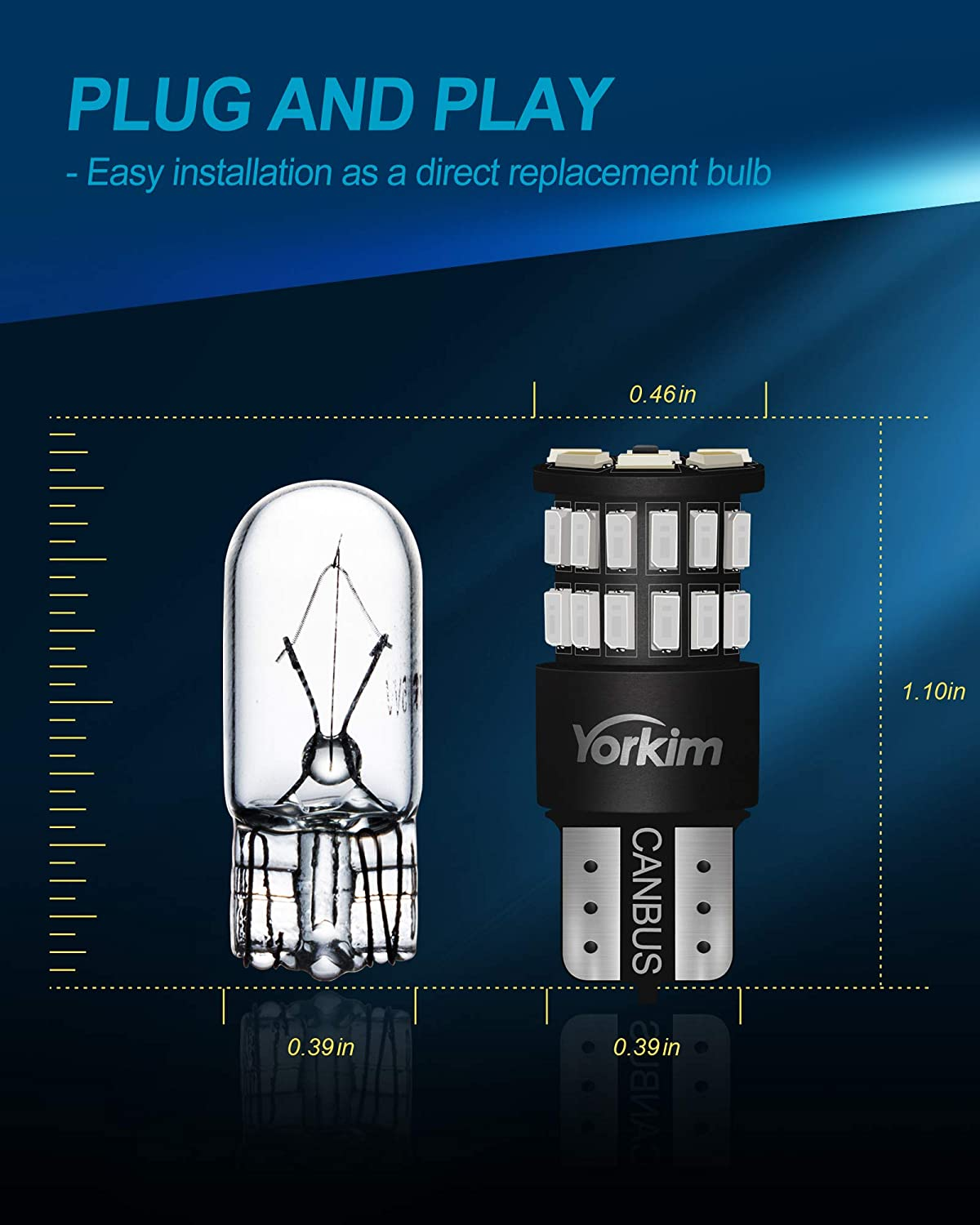 Yorkim 194 LED Bulb Blue, Error Free T10 168 192 2825 W5W LED Bulbs (36-SMD 3014)