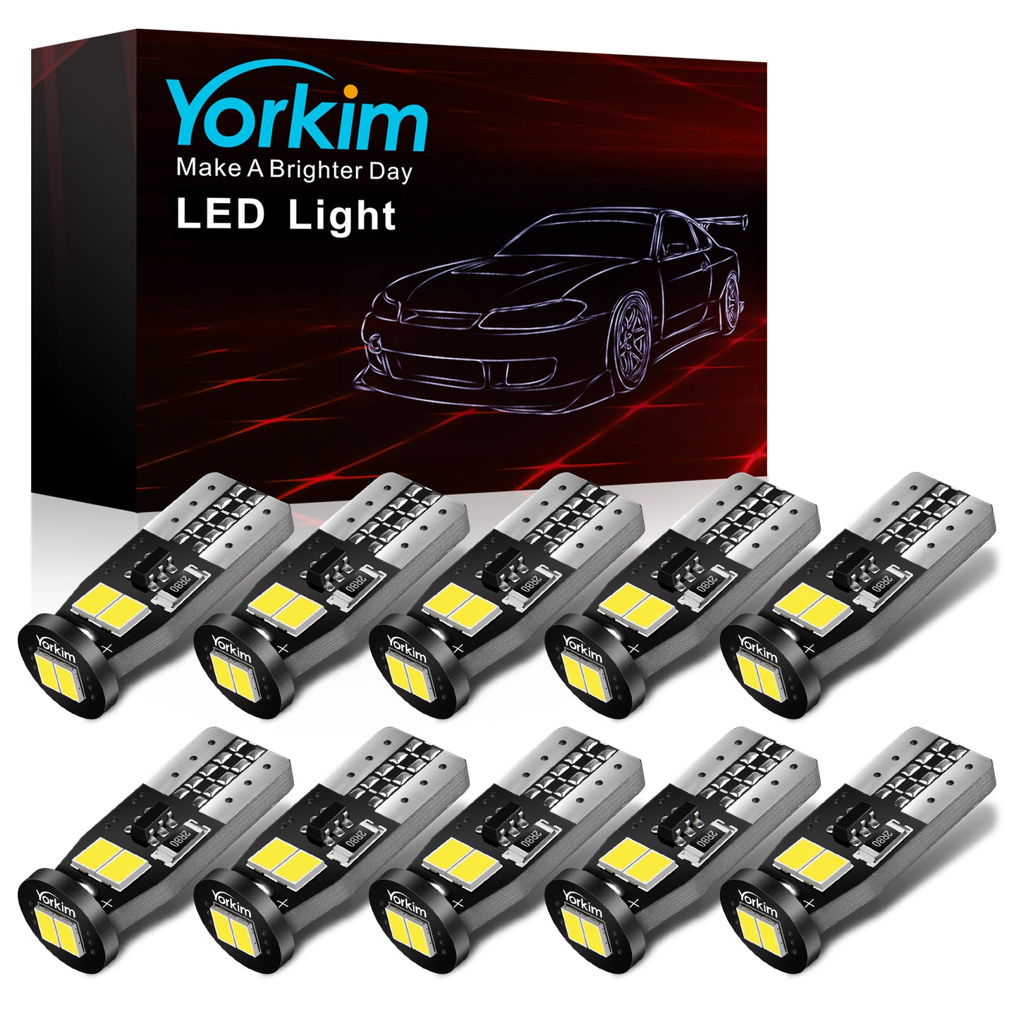 Yorkim Newest T10 LED Bulb Canbus Error Free 6-SMD Super Bright EMC Chipsets, 194 LED For Dome Map Door Marker License Plate Trunk lights 168 W5W 2825 Sockets Pack of 10, White