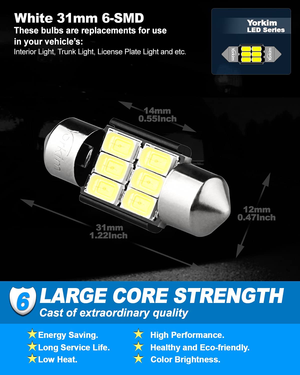 Yorkim 31mm Festoon LED Bulbs White Super Bright LED Interior Car Lights Error Free CANBUS 6-SMD 5730 Chipsets, DE3175 LED Bulb, DE3022 LED, 3175 LED Bulbs